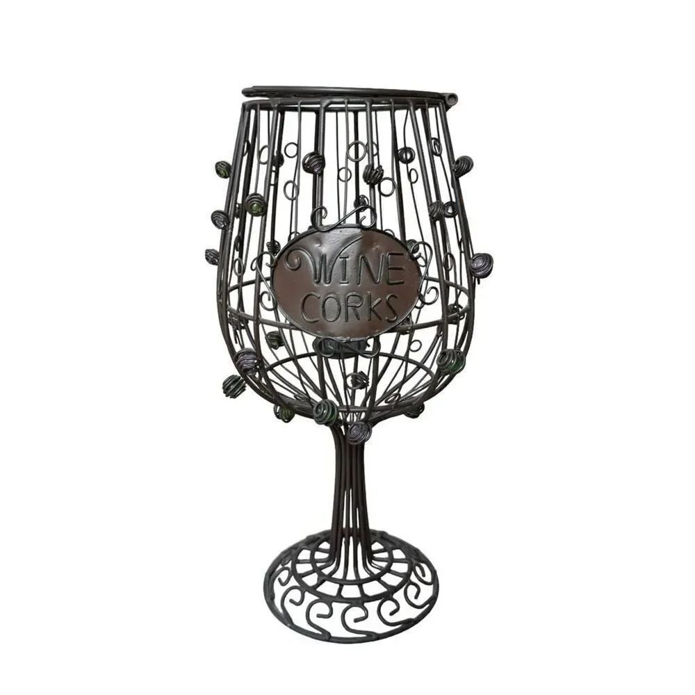 Caged Brown Metal Wine Glass Shaped Cork Holder with Purple/Green Glass Beads